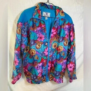 Vintage Oleg Cassini Windbreaker Jacket Womens Size S Blue Pink 100% Silk Zip Up